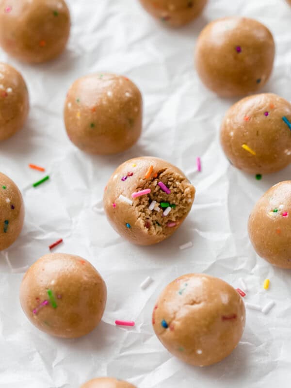 birthday cake protein balls with rainbow sprinkles