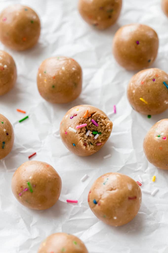 birthday cake protein balls with rainbow sprinkles