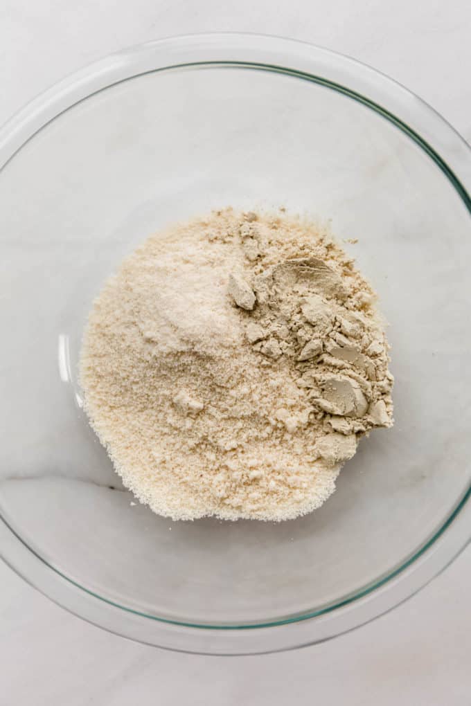 almond flour and protein powder in a mixing bowl
