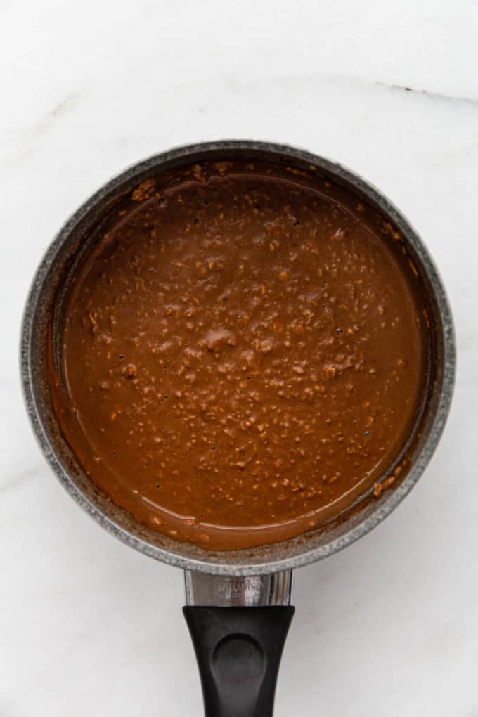 cooked chocolate oatmeal in a pot
