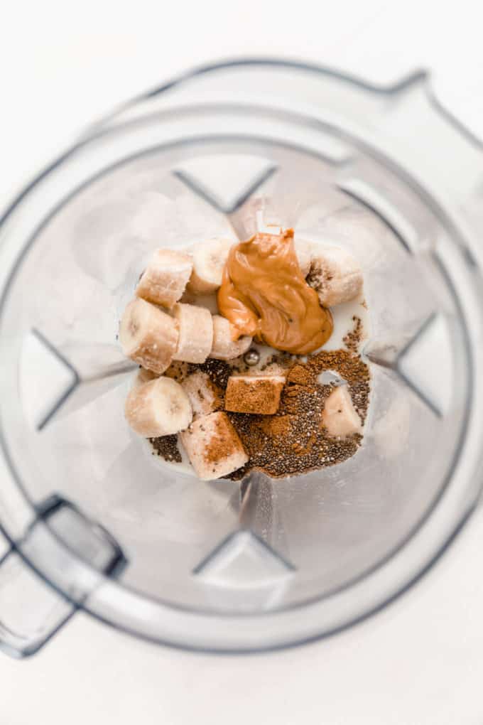 bananas, peanut butter and chia seeds in a blender