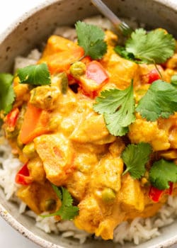 vegetable korma on rice in a bowl