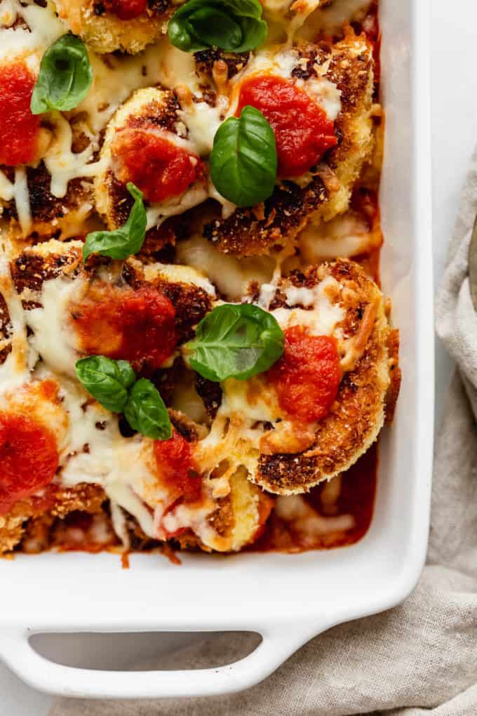 Cauliflower Parmesan topped with fresh basil
