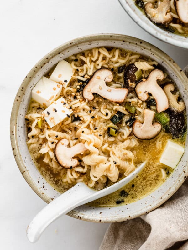 Miso ramen in a white speckled bowl