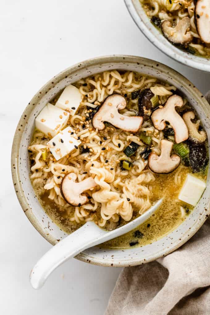 Miso ramen in a white speckled bowl