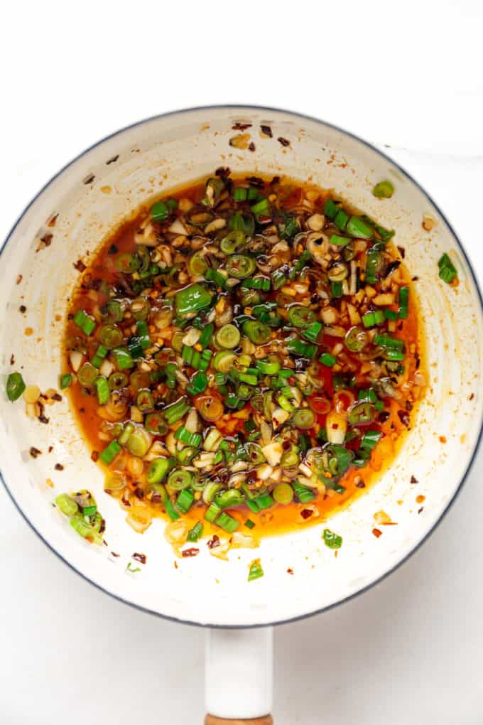 Spicy chili oil noodles sauce and green onions in a pot