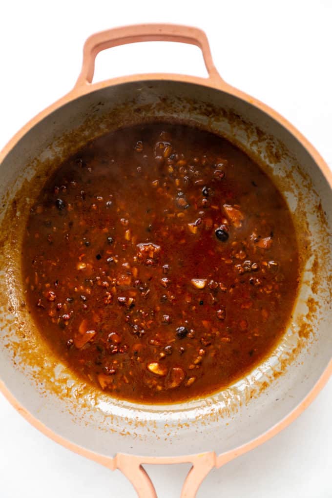 mapo tofu sauce in a pink pan