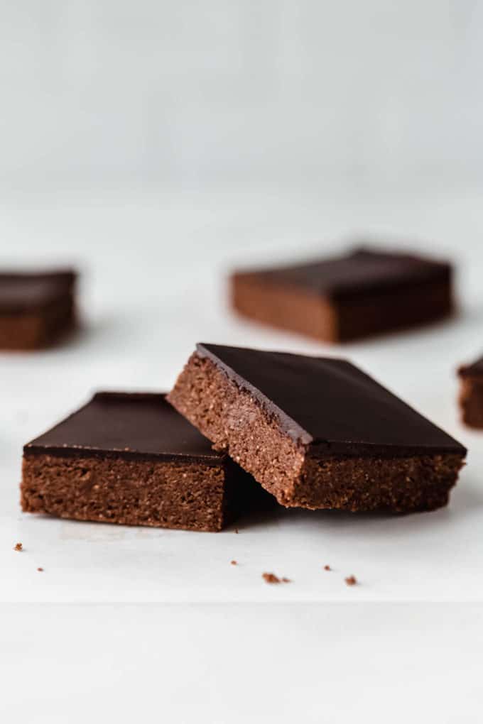 two chocolate protein bars on parchment paper