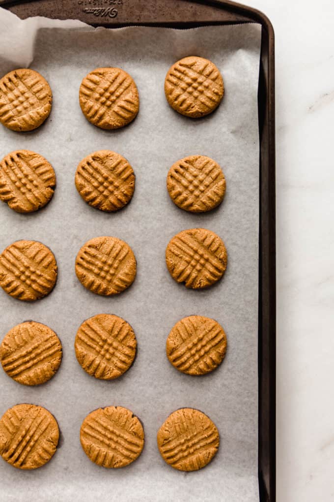peanut butter cookies on a baking sheet
