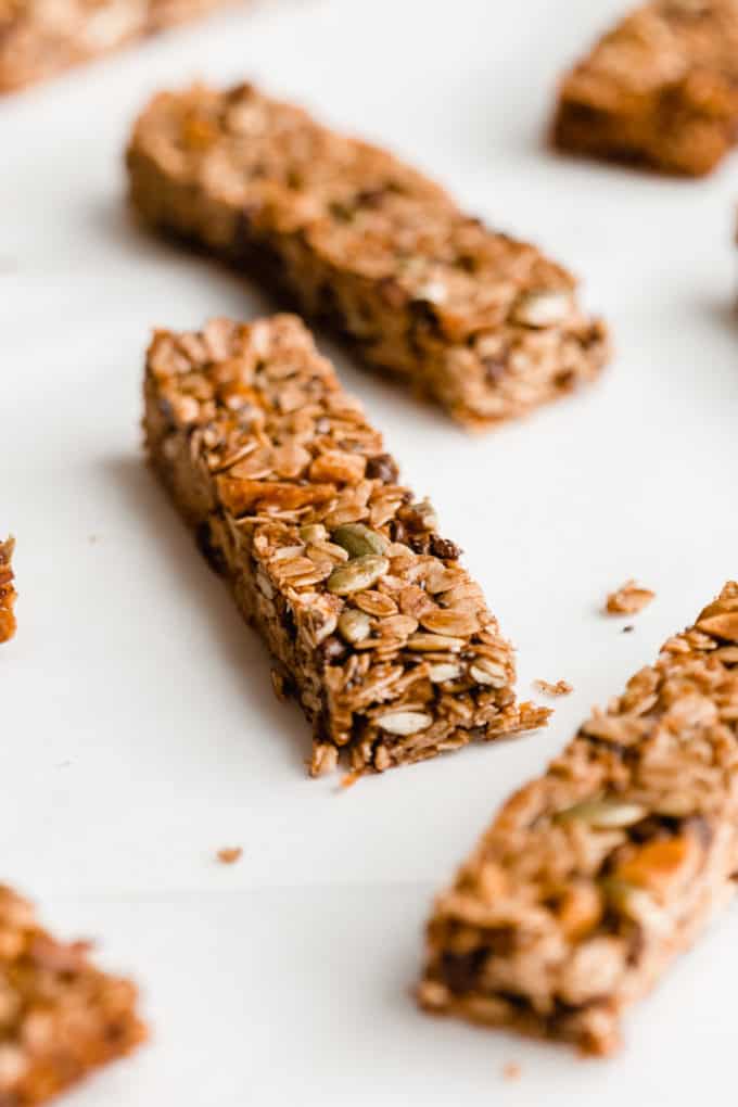 cut up muesli bars on parchment paper