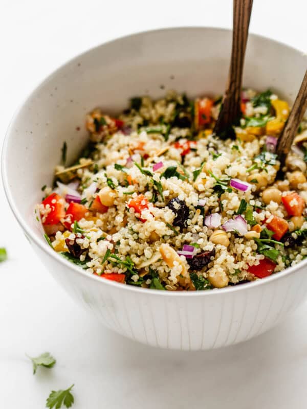 Quinoa chickpea salad in a salad bowl