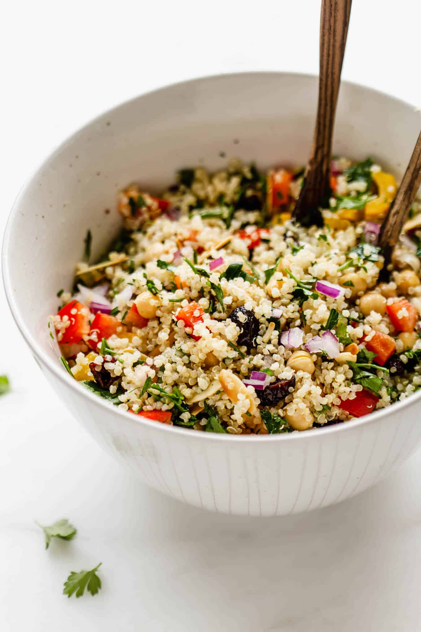 Quinoa chickpea salad in a salad bowl