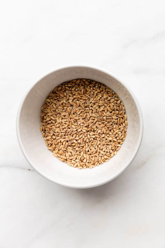 uncooked farro in a bowl