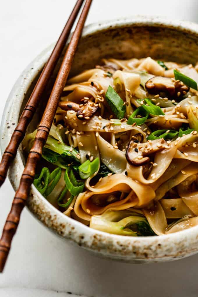 ho fan noodles in a white speckled ceramic bowl