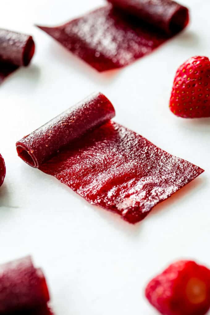 strawberry fruit roll ups on a marble counter