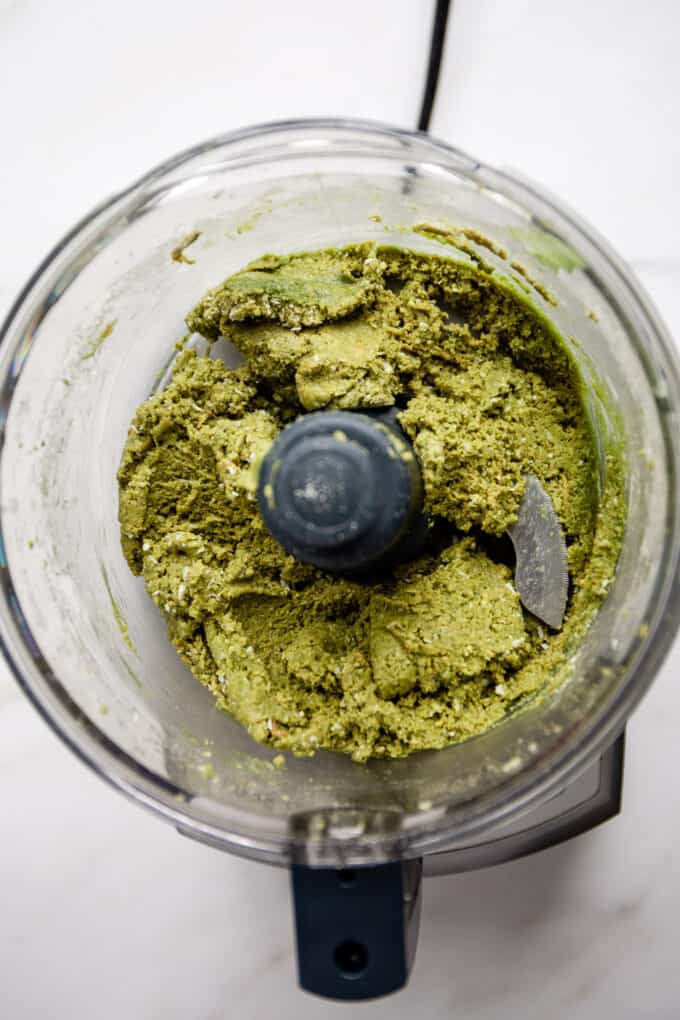 matcha energy ball dough in a food processor