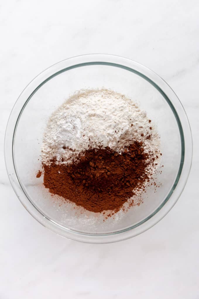 flour and cocoa powder in a clear bowl