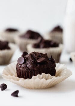 a chocolate zucchini muffin in a muffin liner