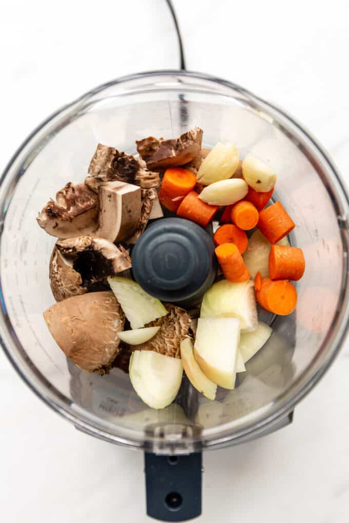 mushrooms, carrots, onion and garlic in a food processor