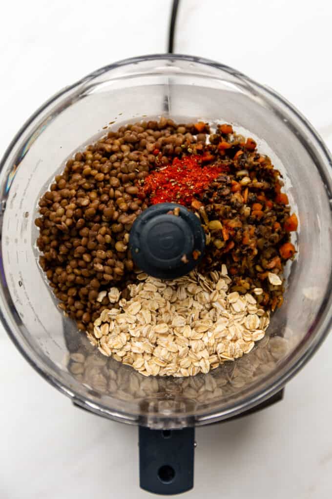 lentils, vegetables and oats in a food proccesor