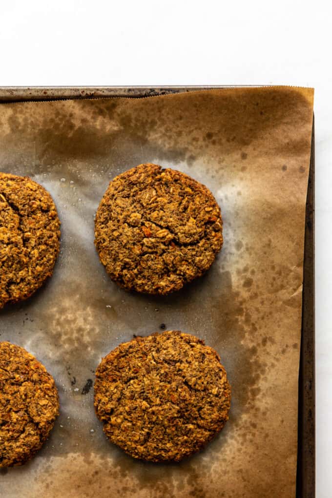 Lentil burgers cooked on a baking sheet
