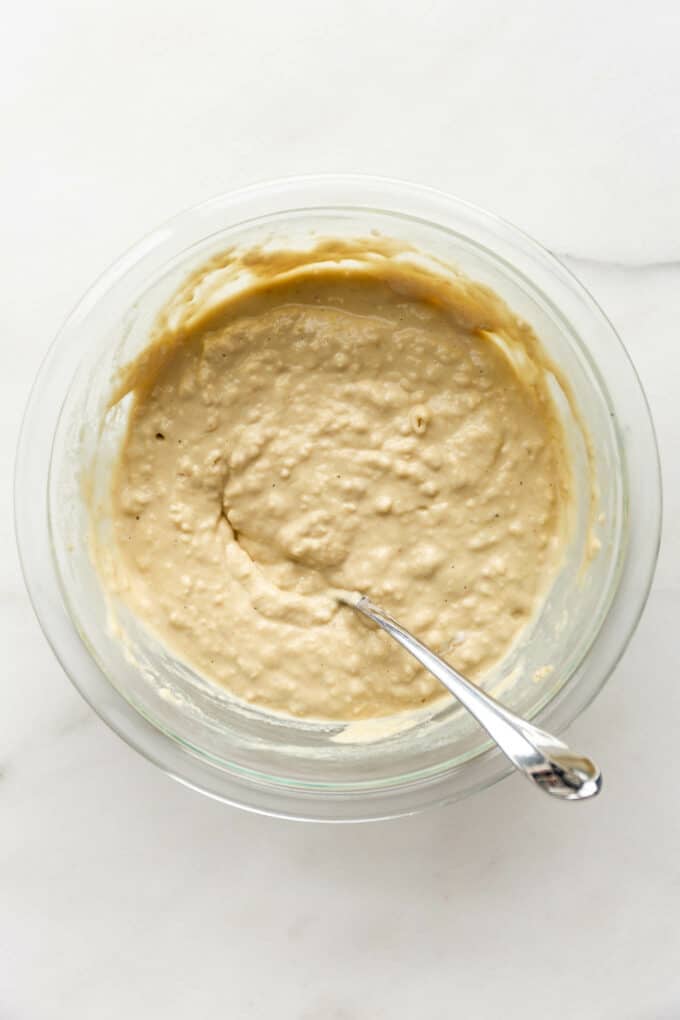 protein powder pancake batter in a clear bowl