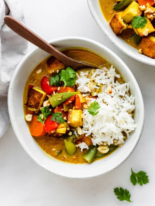 a bowl of massaman curry with rice