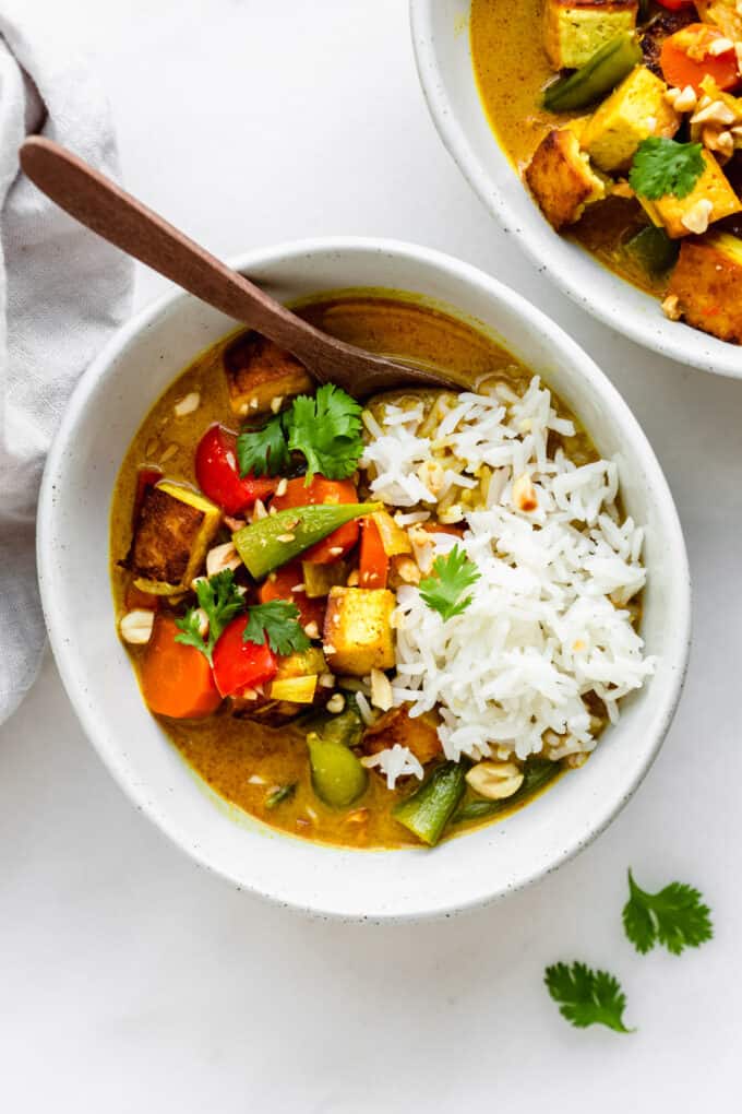 a bowl of massaman curry with rice