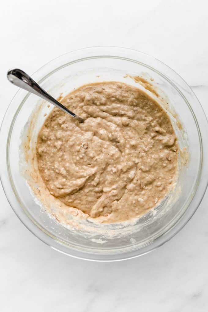 apple bread batter in a mixing bowl