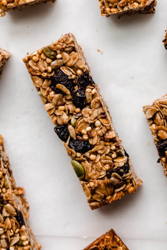 a granola bar with dried fruit and seeds