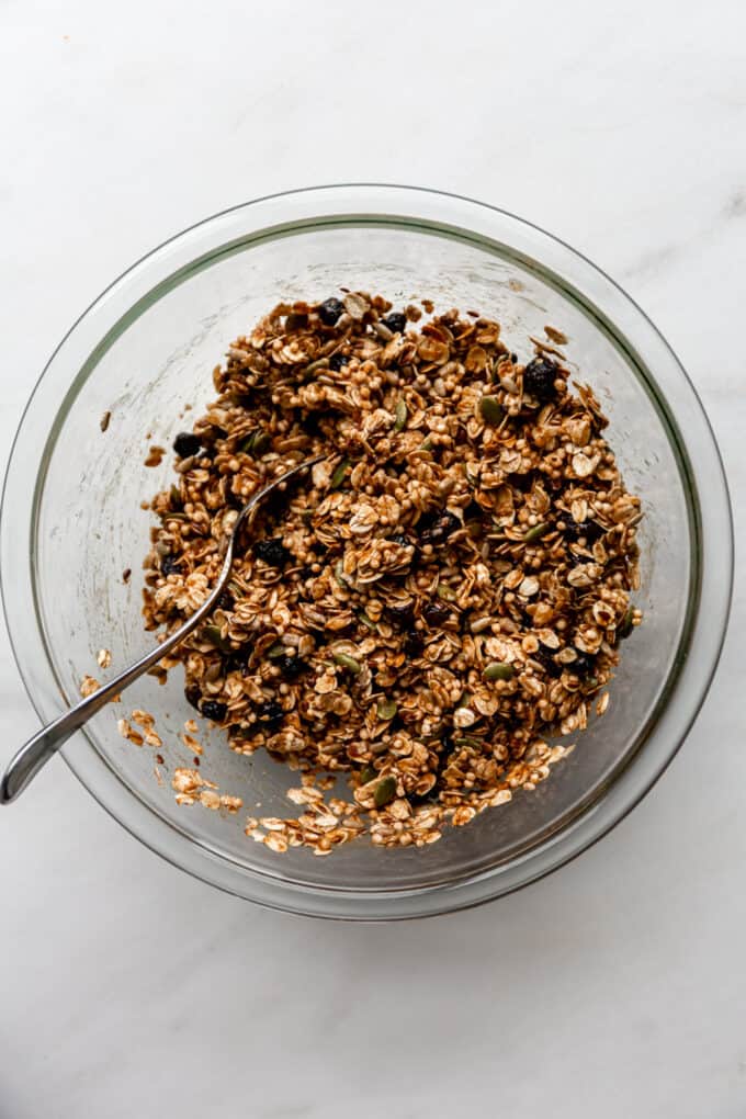 mixed granola in a clear bowl