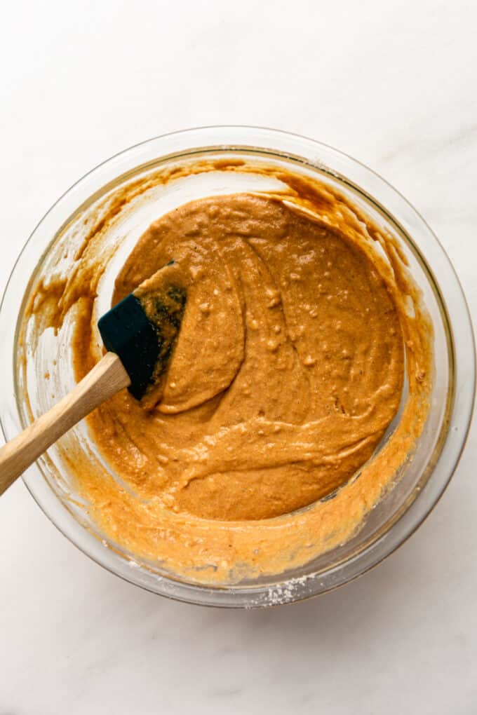 pumpkin muffin batter in a bowl