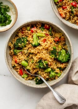 Quinoa fried rice with vegetable in a bowl with a spoon