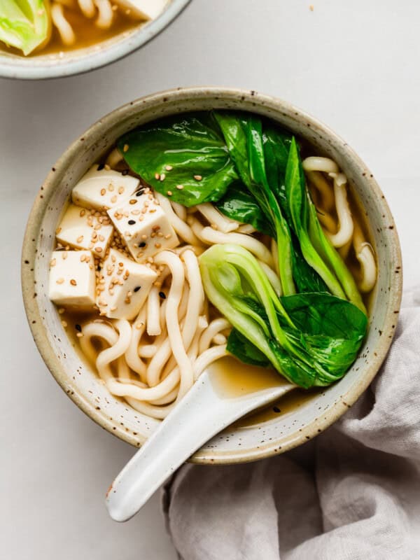A bowl of udon noodle soup with bok choy and tofu