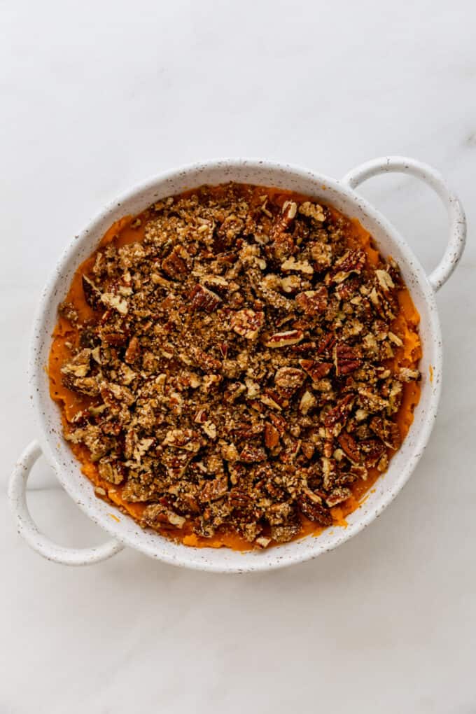 pecan sweet potato casserole in a round dish