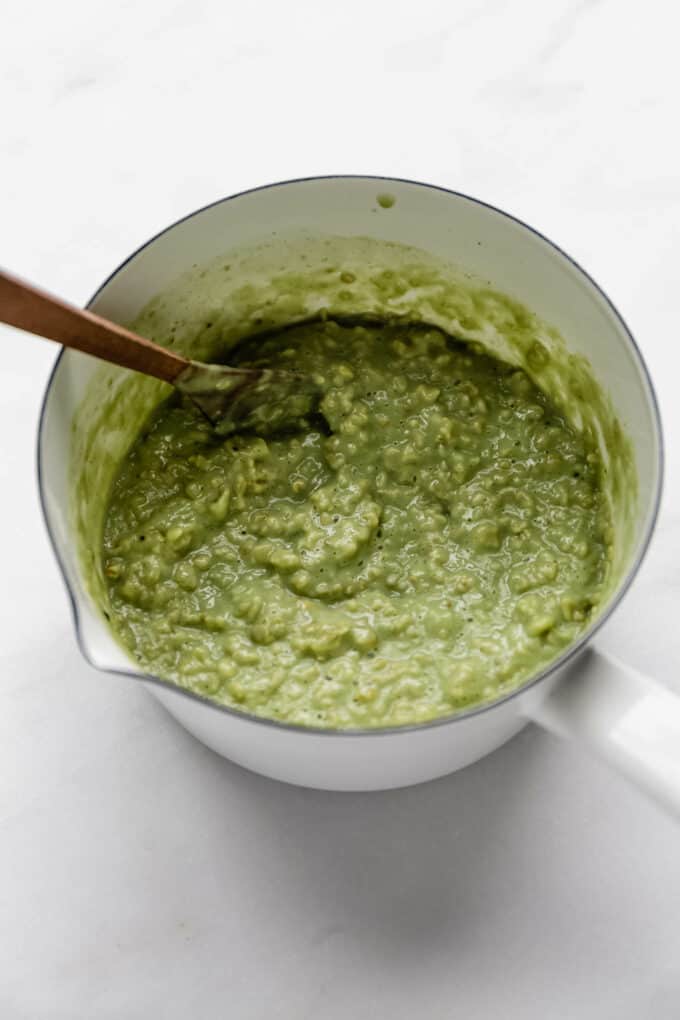 matcha oatmeal in a white pot