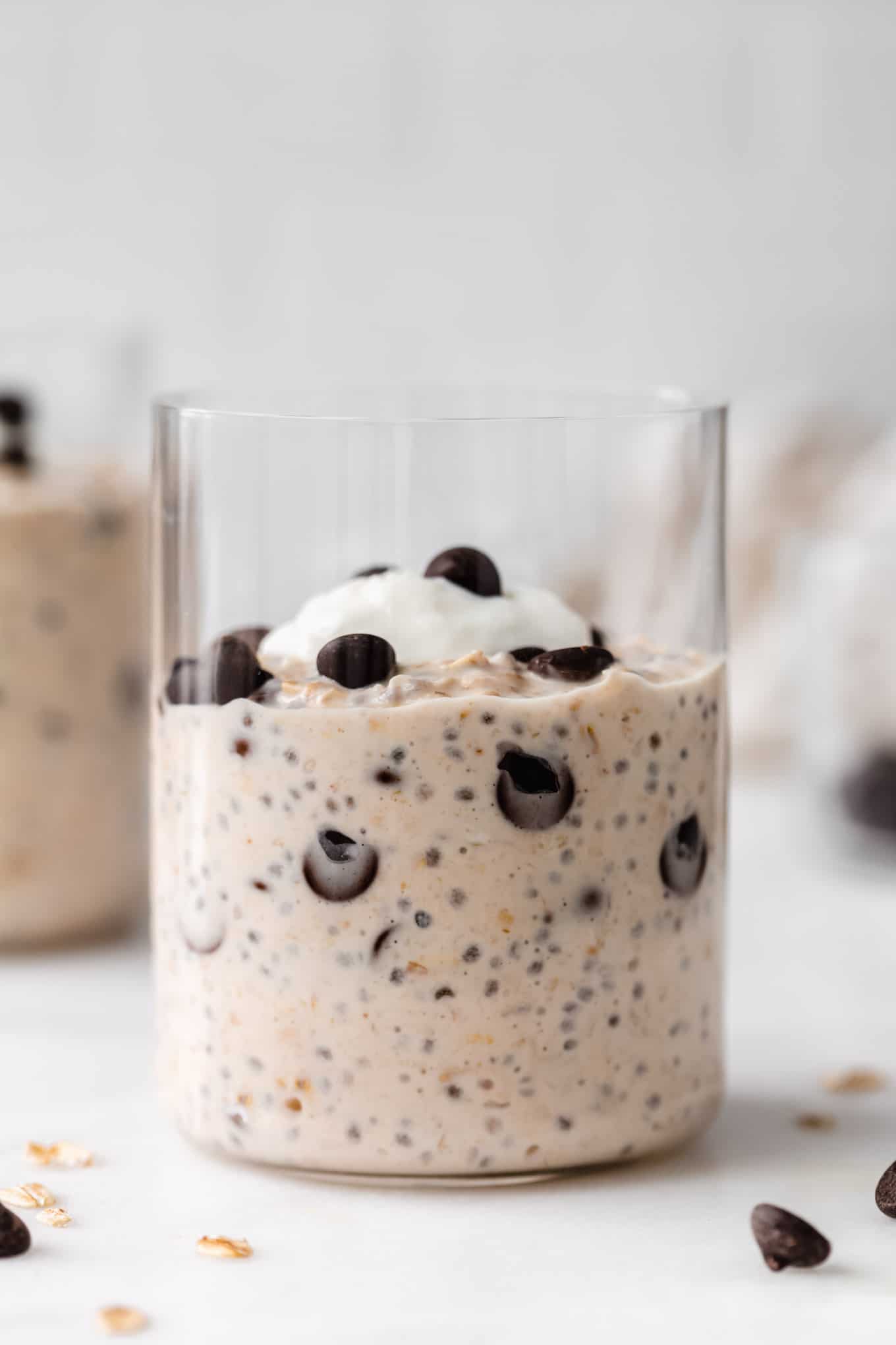 chocolate chip cookie dough overnight oats in a glass.