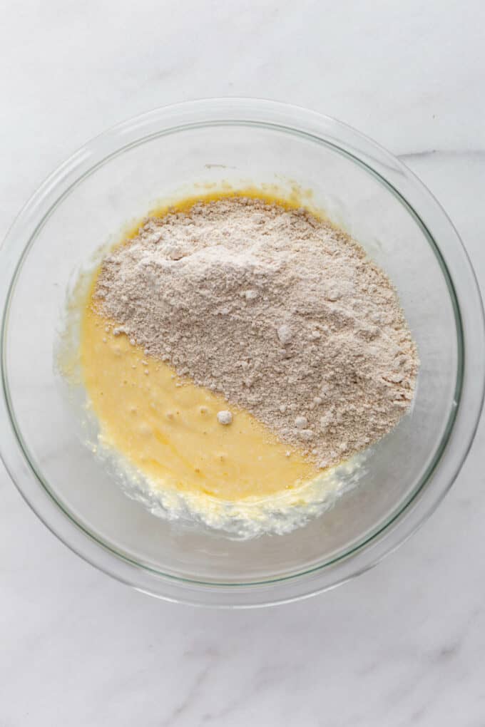 eggs, cottage cheese and oat flour in a mixing bowl.