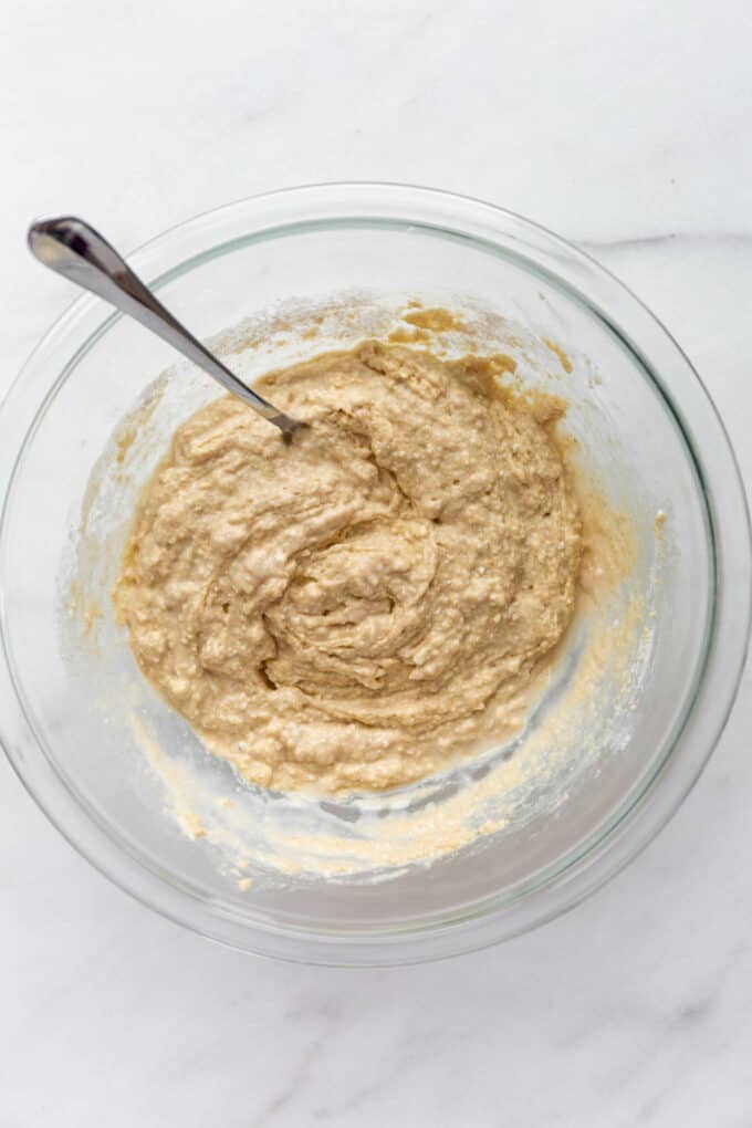 cottage cheese pancake batter in a mixing bowl