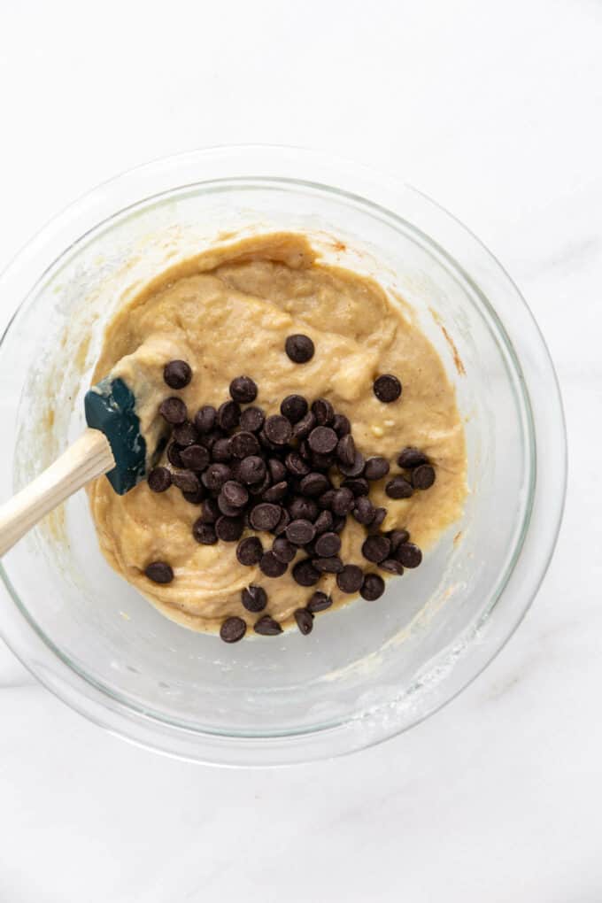 banana muffin batter with chocolate chips in a bowl