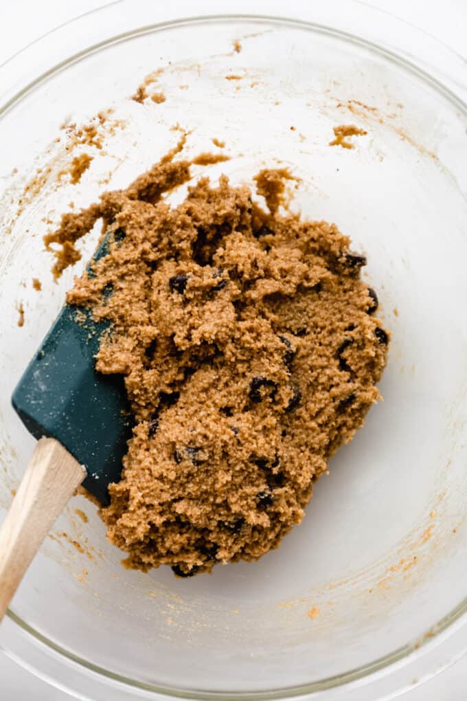 almond flour chocolate chip cookie dough in a mixing bowl