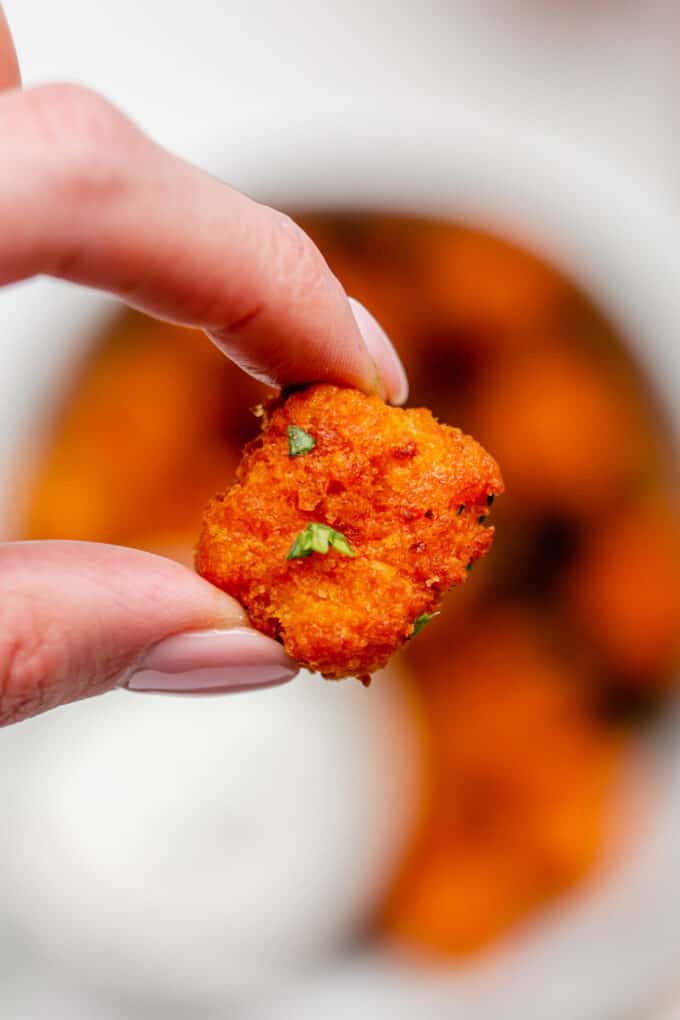 a hand holding a piece of buffalo tofu