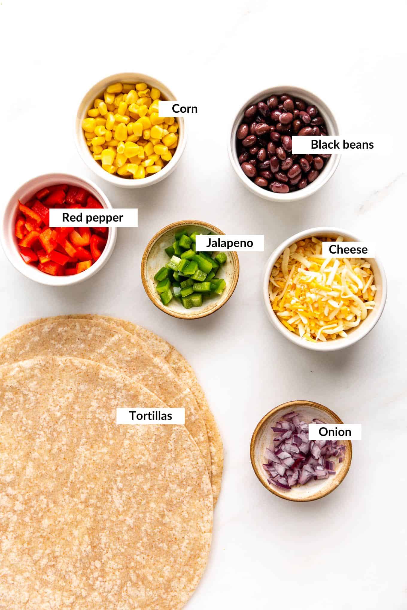 ingredients for black bean corn quesadillas.