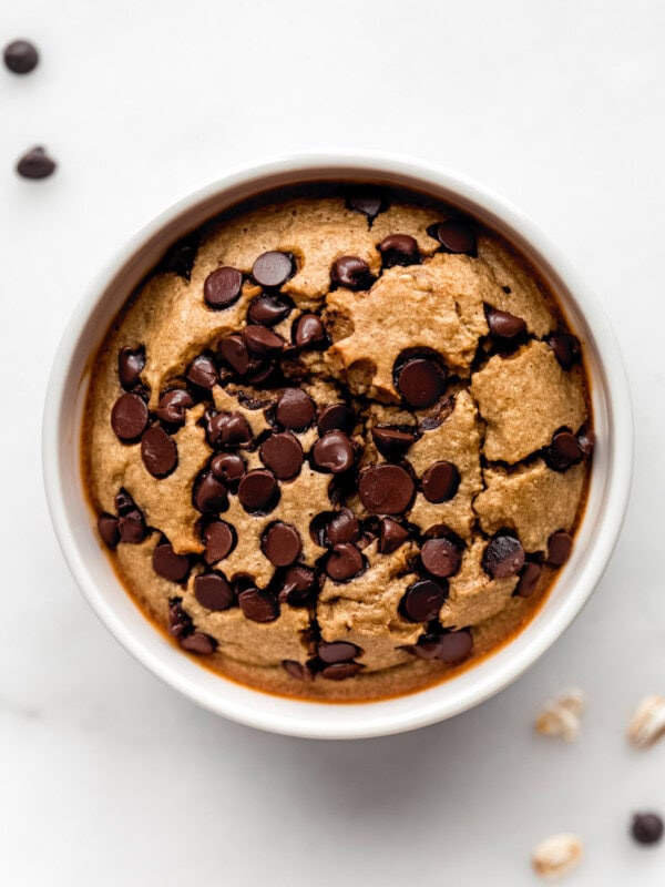 cookie baked oatmeal with chocolate chips in a ramekin