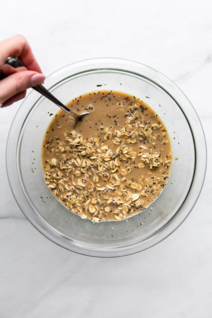 tiramisu overnight oats in a mixing bowl