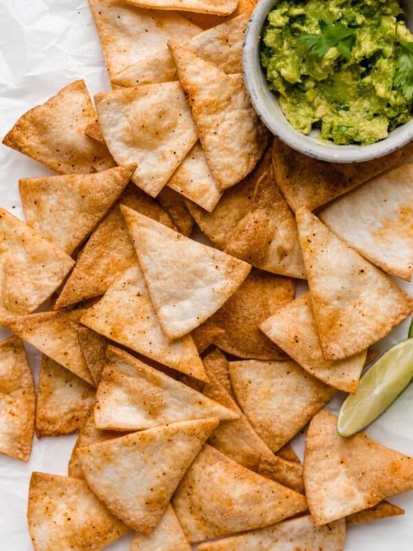 air fryer tortilla chips with guacamole on the side