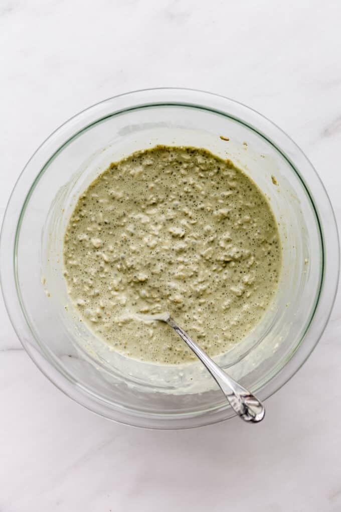 matcha overnight oats in a bowl