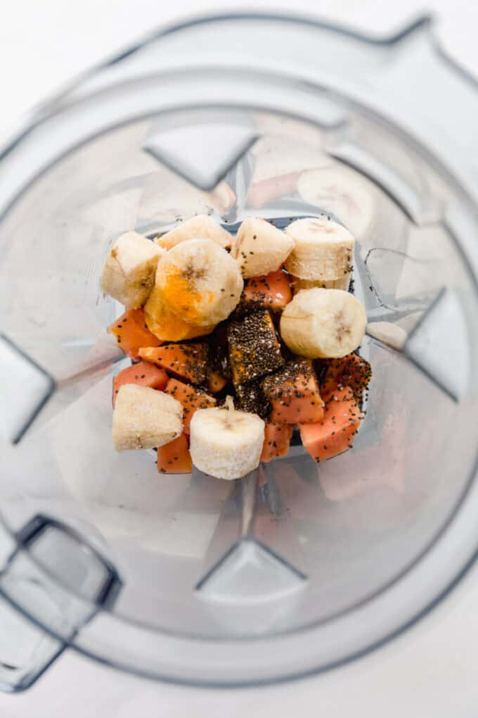 papaya, banana and chia seeds in a blender