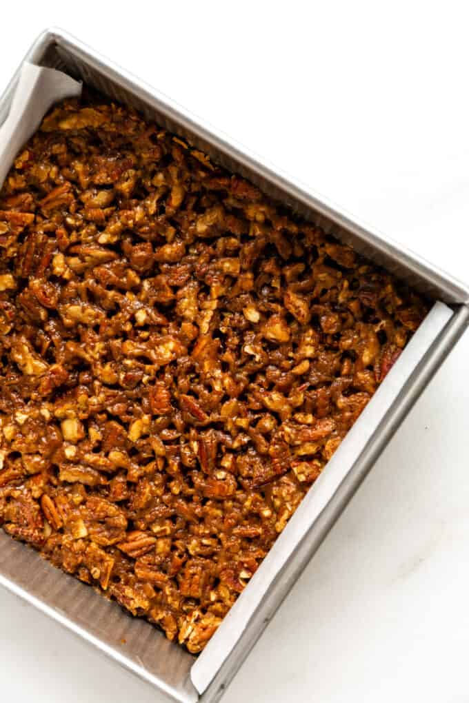 pecan pie bars in an 8x8 inch pan