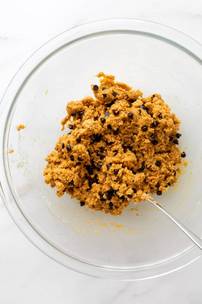 pumpkin protein ball dough in a mixing bowl